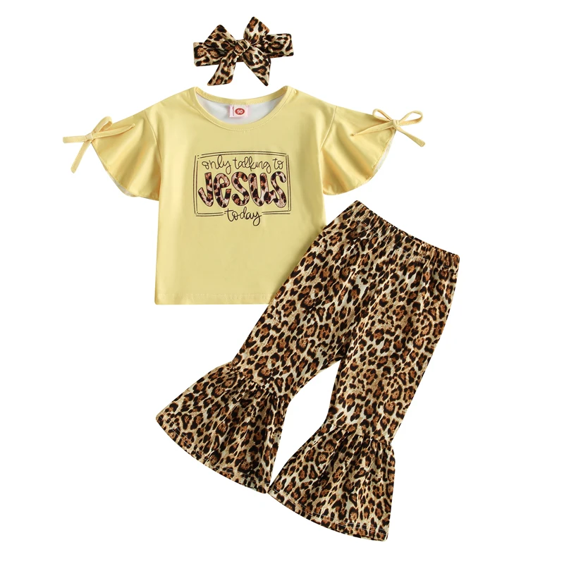 

Kid Girl Pants Suit Round Neck Letters Print Shirt + Leopard Bell-Bottoms Trousers Outfit + Head Band