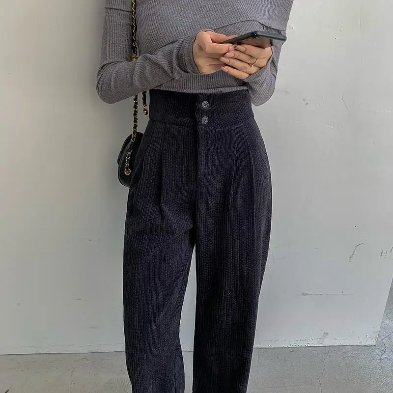 2024 New Fashion Women Corduroy Long Pant High Waist Double Button Loose Female Straight Leg Trousers Casual Pantalon Femme