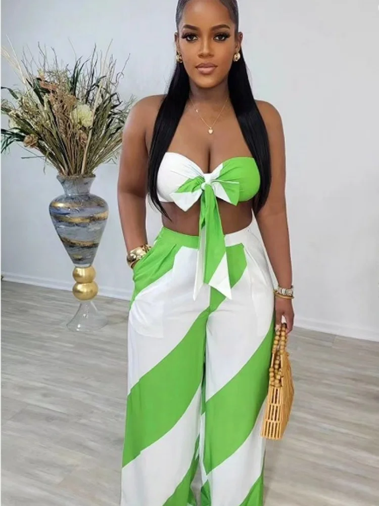Wmstar Two Piece Set Women Wholesale New Woman Clothing Sexy Strapless Fashionable Printed Set Loose Wide Leg Pants Matching