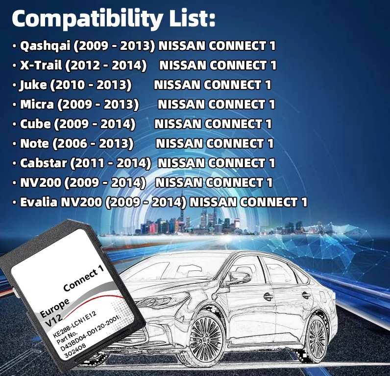C1 V12 Connect 1 LCN1 V12 SD Navi For Nissan 8GB 16GB Map Card Europa UK Navigation Card
