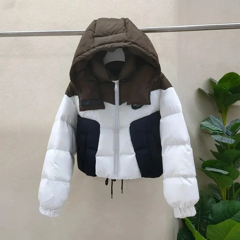 

Winter Hooded Bread Parka Outwear Women Loose Warm Thicken Puffer Jackets Contrasting Color 2024 Short 90% White Duck Down Coat