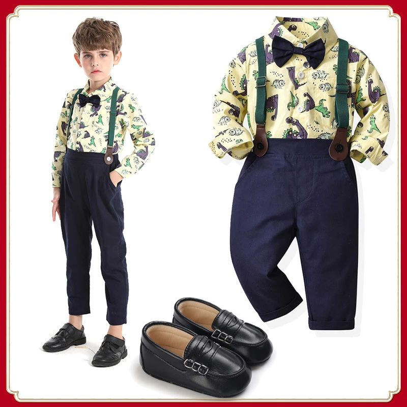 

Baby Boy Clothes Set Kids Boys Formal Host Outfit Dinosaur Print Bow Tie Shirt +pants Performance Costume Children's Clothing