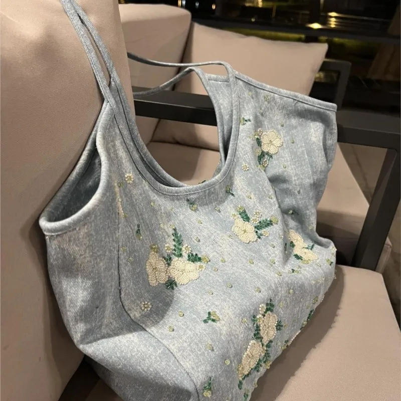 JIAERDI Floral Embroidery Blue Denim Handbag Women Fairy Core Aesthetic Y2k Shoulder Bags Female Large Capacity Underarm Bag