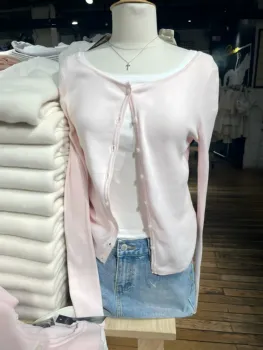 Pink Cute Cotton Knitted Cardigan Women Autumn New Casual Streetwear Buttons Long Sleeve Coat Sweet Preppy Style Sweaters Tops 1