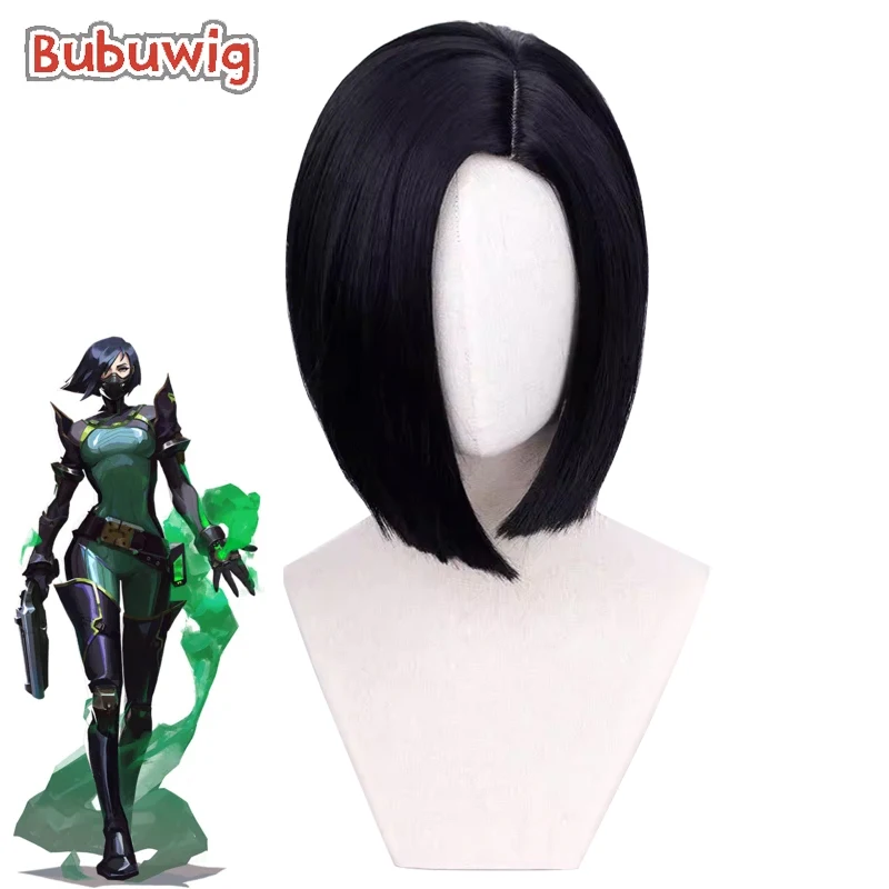 

Bubuwig Synthetic Hair Viper Cosplay Wigs Game Valorant Viper Women 35cm Short Straight Black Wig Halloween Heat Resistant