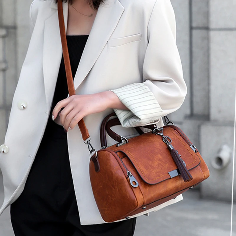 Yogodlns Quaste Dekor Handtasche, Damen Umhängetasche mit großer Kapazität, Mode Reiß verschluss Umhängetasche mit abnehmbarem Riemen – Detail 2