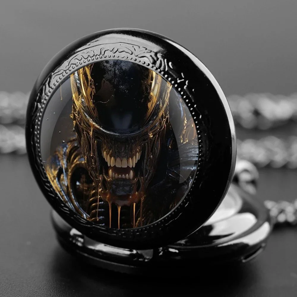 Alien Xenomorph Design Glass Dome Quartz Pocket Watch with Chain Vintage Men Women Necklace Pendant Clock Best Gifts for Kids