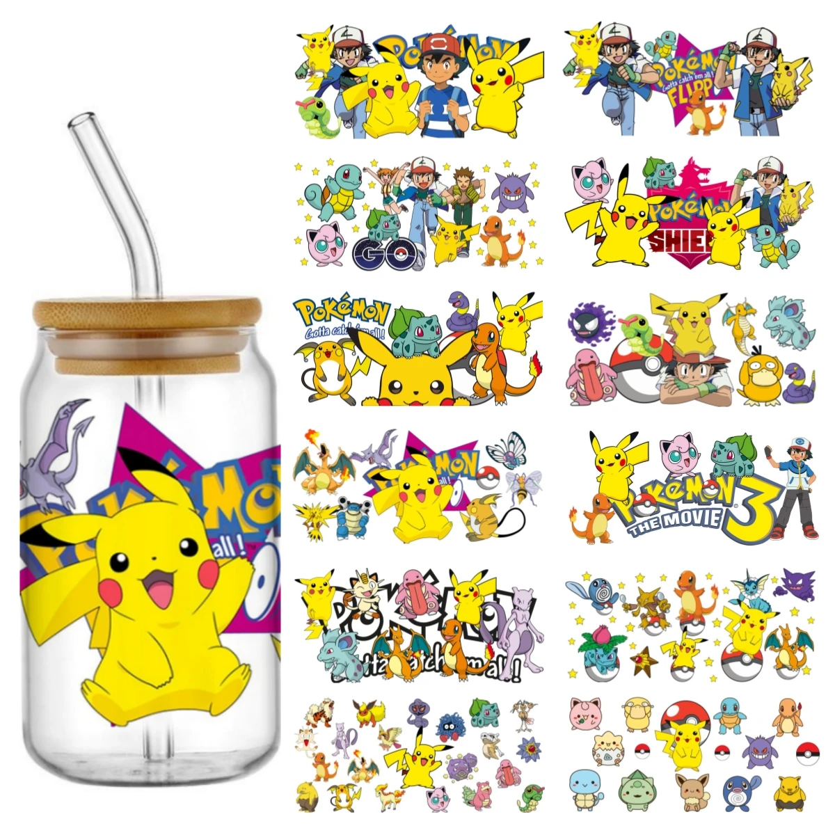 Miniso Pokemon new design Cup Stickers UV DTF Waterproof Transfers Decals16oz Libby Glass Design Cup Wraps Stickers Kids Gifts