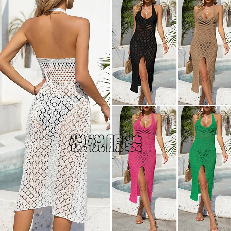 

Накидка пляжное женское бикини 2024 цельнокроеное платье в Корейском стиле привлекательное однотонное дышащее платье с воротником и разрезом спереди юбка от солнца