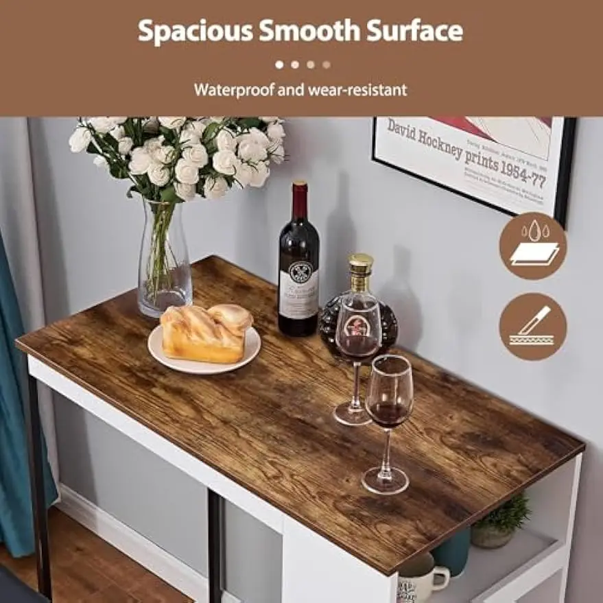 3 Piece Dining Table Set Kitchen Bar Table with Two Stool Storage Shelves Wood Counter Height Table Top with Sew Kerf Finish