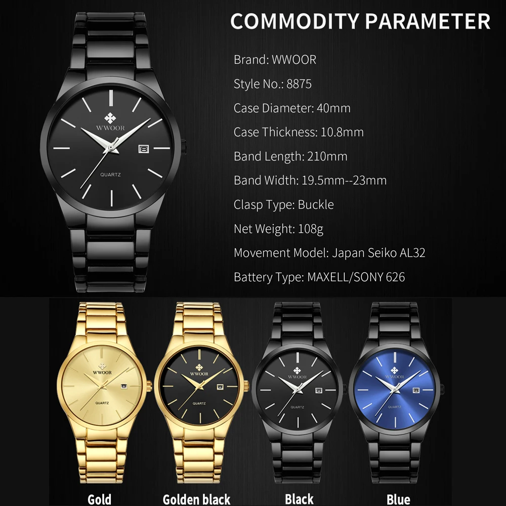 WWOOR New Top Brand Fashion Men Watch Full Black Watches For Men  Luxury Men Quartz Wristwatch Male Steel Belt Waterproof Watch