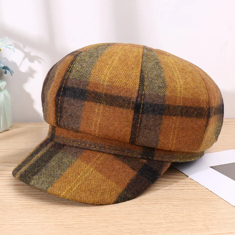 

Autumn And Winter New Woolen Octagonal Hat Color Matching Plaid Fashion Art Beret Painter Hat Retro Grace Men's And Women's Cap