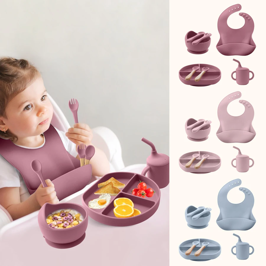 8/Pcs/Set Baby Food Feeding Tableware Sucker Bowl+Spoon+Fork Eating Dinnerware For Children Dishes Baby Bib Cup Baby Stuff 6