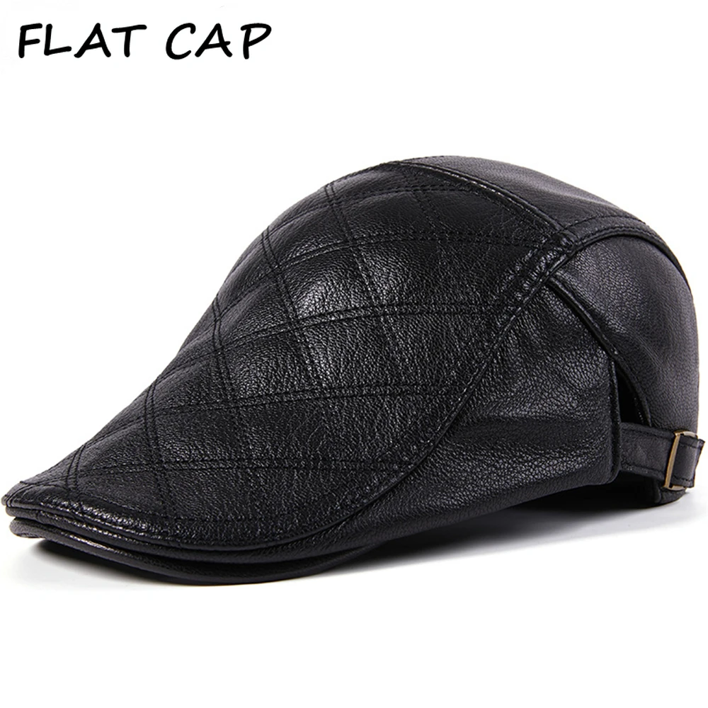 

FLAT CAP Berets for Men Real Leather Ivy Peaked Cap Autumn Winter Warm Black Warm Classic Adjustable Male Brand Newsboy