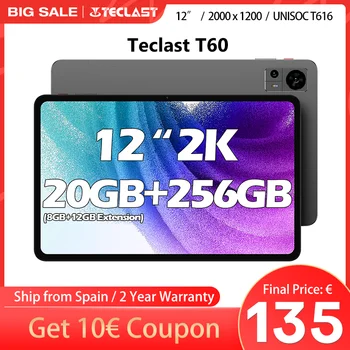 Teclast T60 12 inch 2000x1200 Android 14 Tablet UNISOC T616 8 Core 8GB + 12GB RAM 256GB ROM 4G LTE Dual SIM type C 8000mAh support Widevine L1