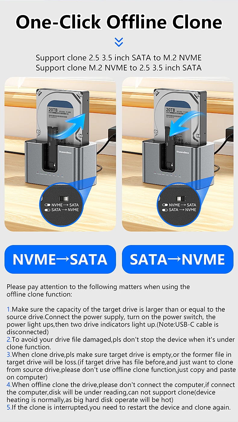 블루엔들리스 오프라인 복제 기능 M.2 NVME to SATA 2.5 3.5 2.5/3.5 인치 SSD HDD 복제 도킹 스테이션 인클로저 어댑터