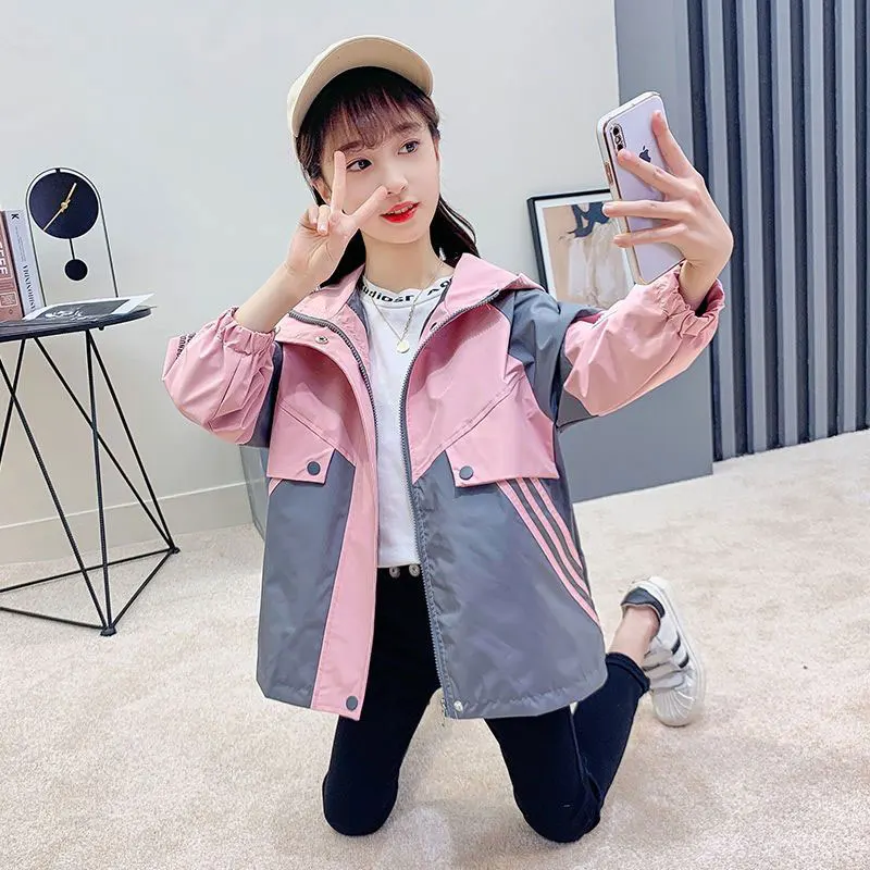 

New 2023 Spring Autumn Baby Girl Hooded Jackets Coat Casual Loose Children Windbreaker Outerwear For 4 5 6 7 8 9 10 11 13 14Yrs