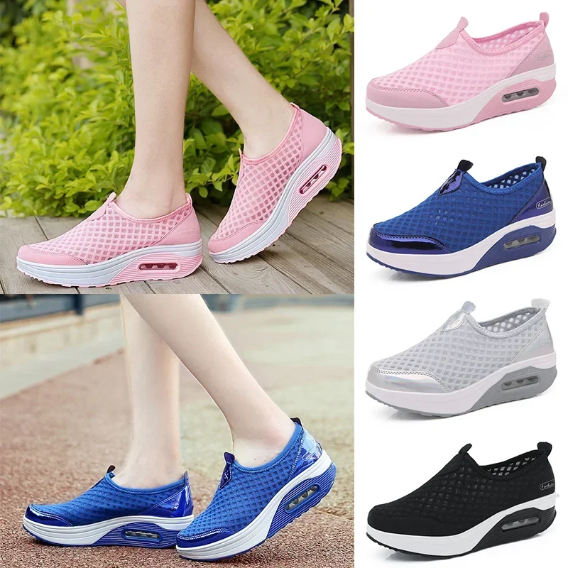 

Women's Mesh Toning Wedges Platform Shoes Slip On Breathable Height Increasing Loss Weight Swing Shoes Big Size 35-42