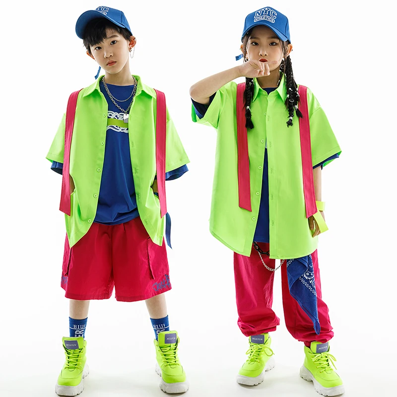 

Modern Dance Clothes Hip Hop Costume Boys Hiphop Coat Pants Girls Jazz Performance Clothing Stage Outfit Green Shirts BL10550