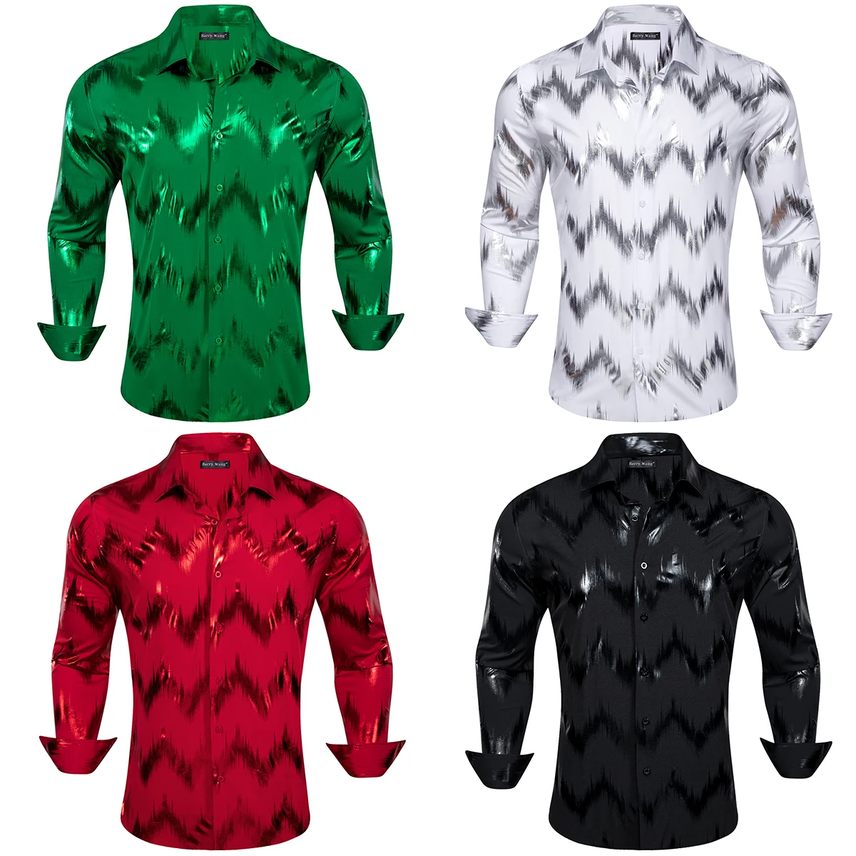 Luxury Shirts for Men Long Sleeve Green Red Black White Solid Shine Slim Fit Male Blouses Casual Tops Turn Down Barry Wang