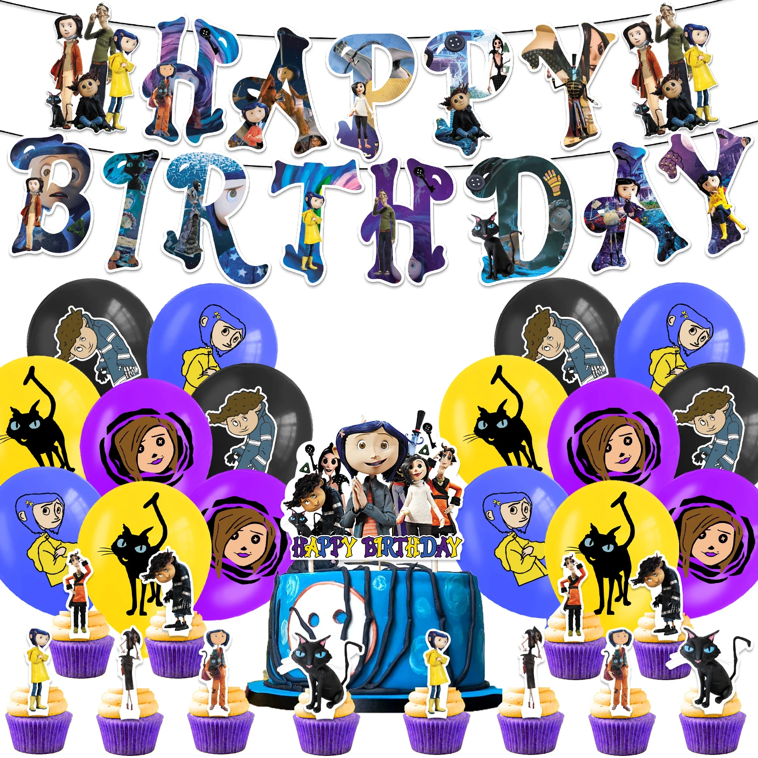 The Movies Coraline Theme Party Decoration Horror Series Birthday Set Banner Cake Topper Balloons Halloween Party Supplies