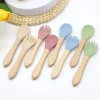 Hot selling food grade silicone wooden handle spoon and fork set for complementary food feeding training spoon and fork 1
