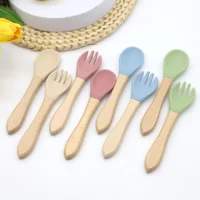 Hot selling food grade silicone wooden handle spoon and fork set for complementary food feeding training spoon and fork 1