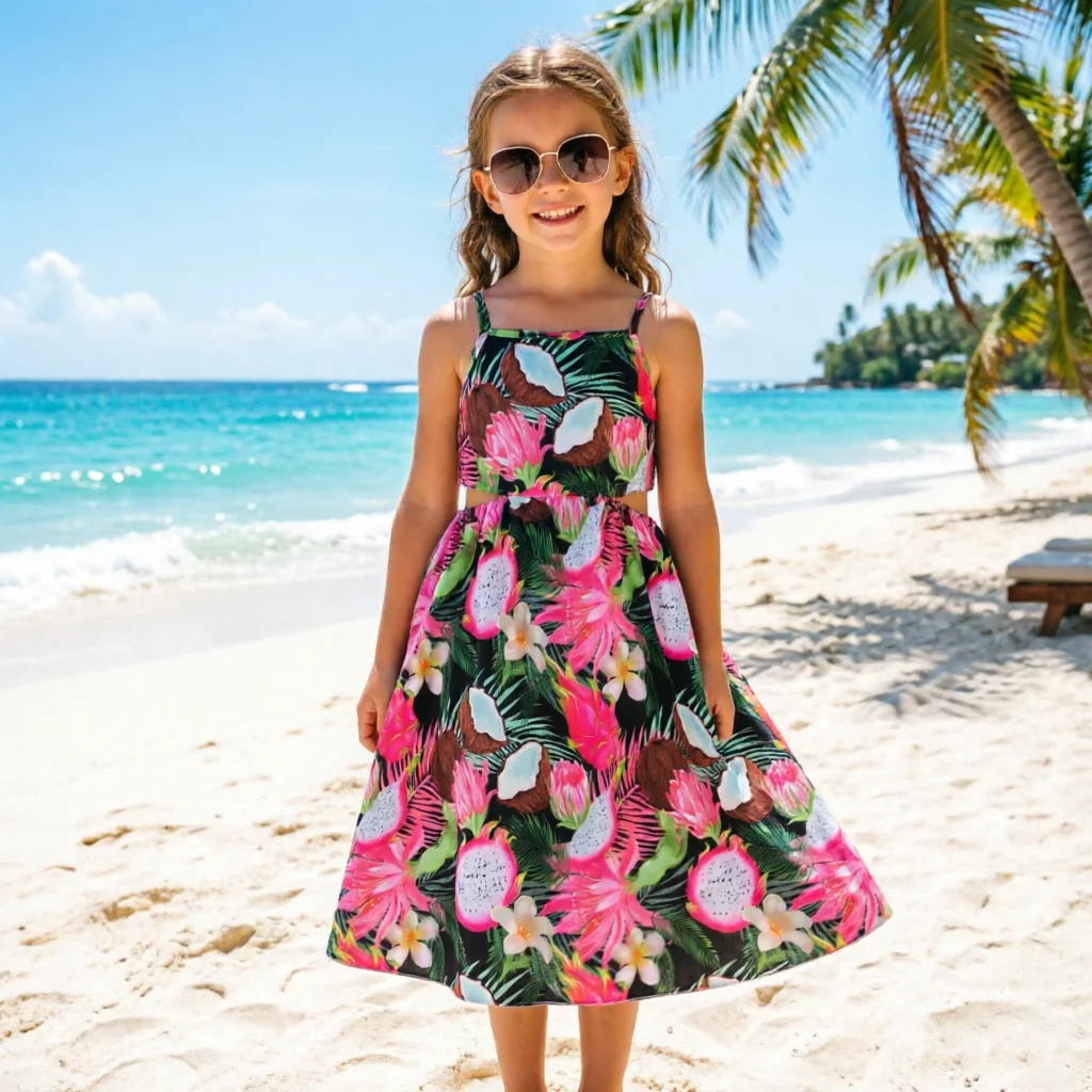 Sommerkleid für Mädchen mit Tropischem Blumendruck, Spaghetti-Trägern, Langes Strandkleid, Boho / Hawaiian Party Kinderkleidung 5-12 Jahre