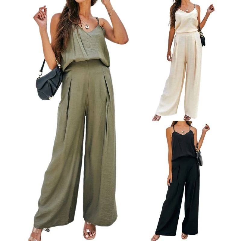 

Women Two Piece Set Sleeveless V Neck Tanks Top Wide Leg Pants Sweatsuits
