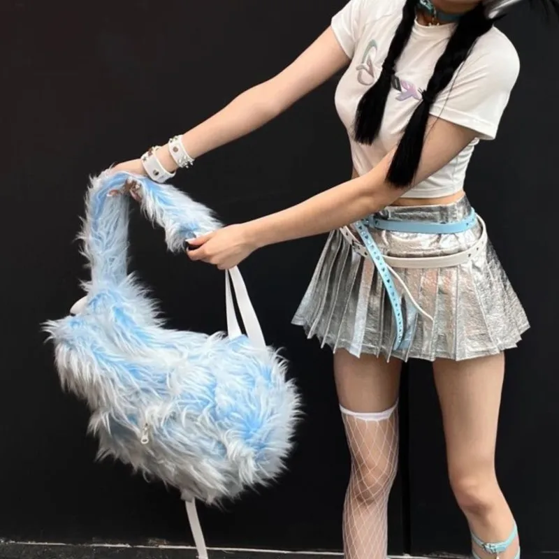 JIAERDI Ice Blue Long Plush Backpack Women Soft Large Capacity Mens Backpack Ladies Fashion Trendy Outdoor Travel School Bag New