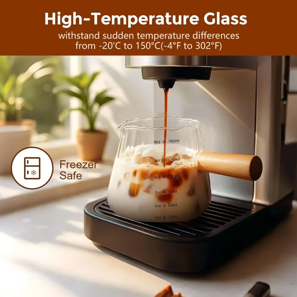 180ML/6 Oz Measuring Cup with Wooden Handle Glass Coffee Extraction Cup with Scale Dishwasher Safe High Temperature Resistant