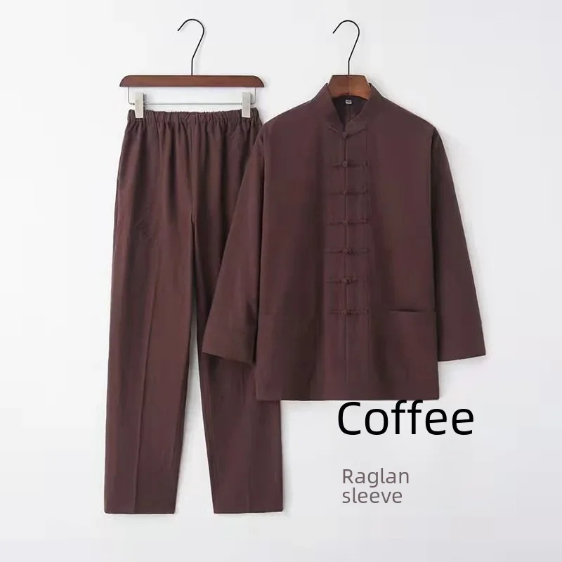 Men Hanfu Suit Vintage Long Sleeve Stand Collar Men's Hanfu Suit For Middle-aged Elderly Raglan Sleeve Traditional Chinese Clothing