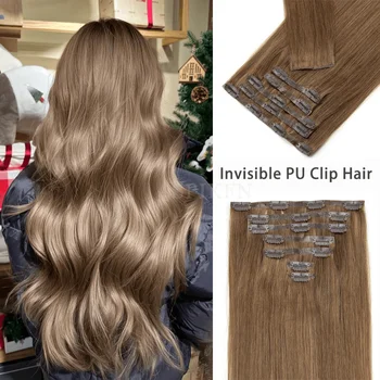 Dark Brown Invisible PU Clip ins Extensions 100-120g 7pcs/set Clip in Human Hair Straight Machine Remy Hair Pieces Clip On