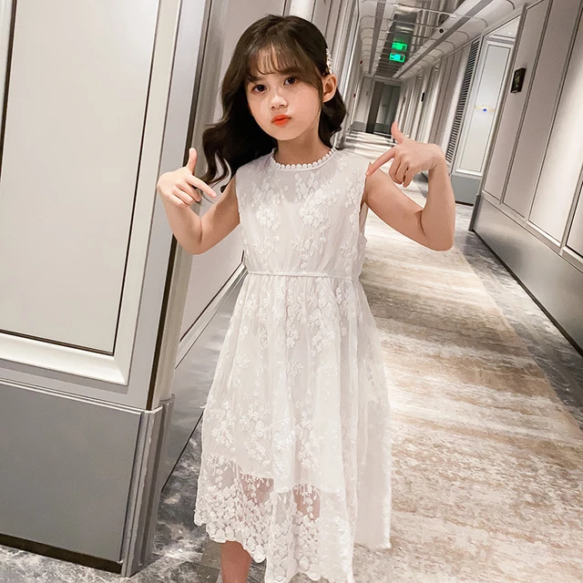 2022 Summer Teenager Kids Girls Clothes Floral Mesh Princess White