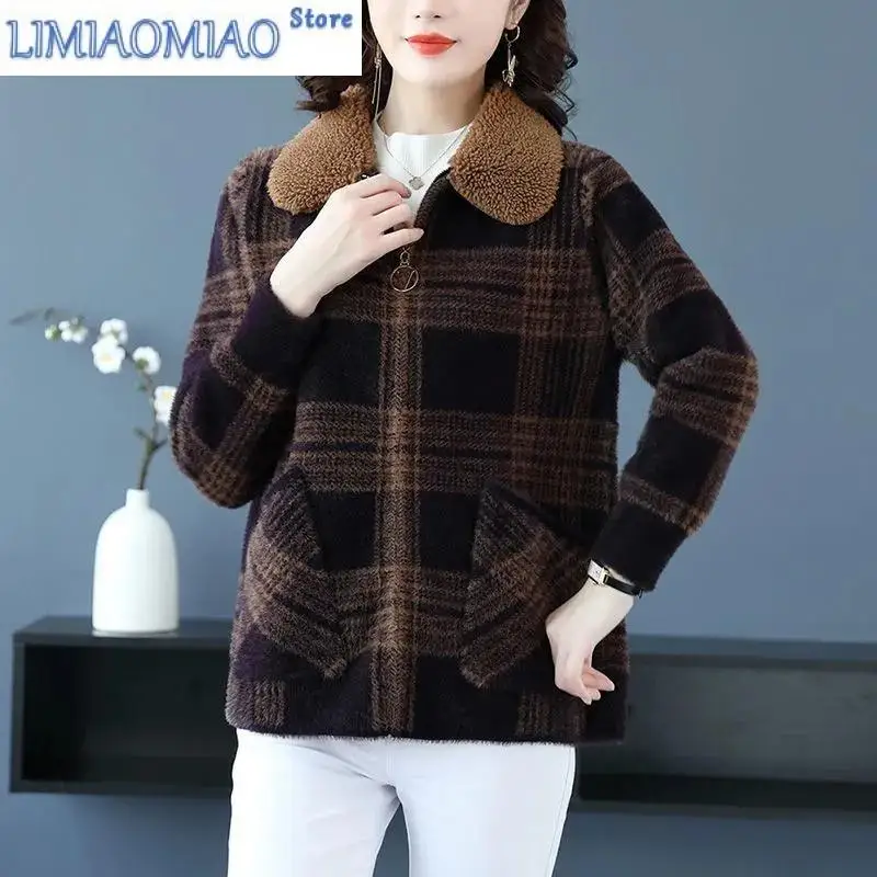 New Autumn Winter Short Thick Mother Coat Plaid Fur Collar Jacket Imitation Mink Fleece Middle Old Age Women's Flip Collar Coat