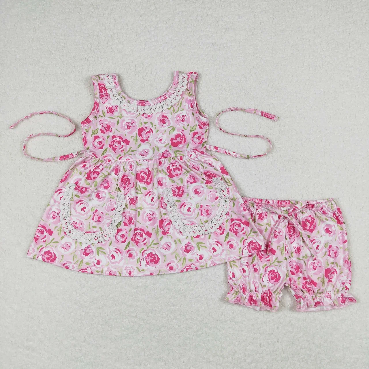 

Wholesale Baby Girl Flower Pink Set Toddler Sleeveless Floral Pocket Tops Kids Shorts Children Summer Infant Two Pieces Outfit