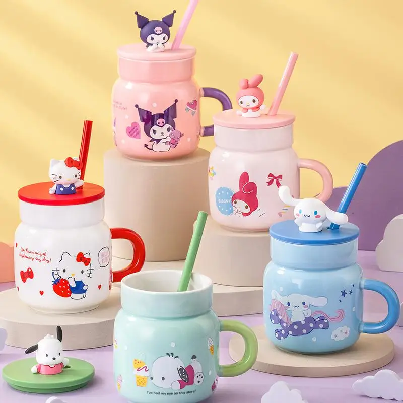 

450ML Sanrio Hellokitty Cinnamoroll Ceramic Mug Kawaii Anime Silica Teacup with Lid Straw Cute Office Heat resistant Water Cup