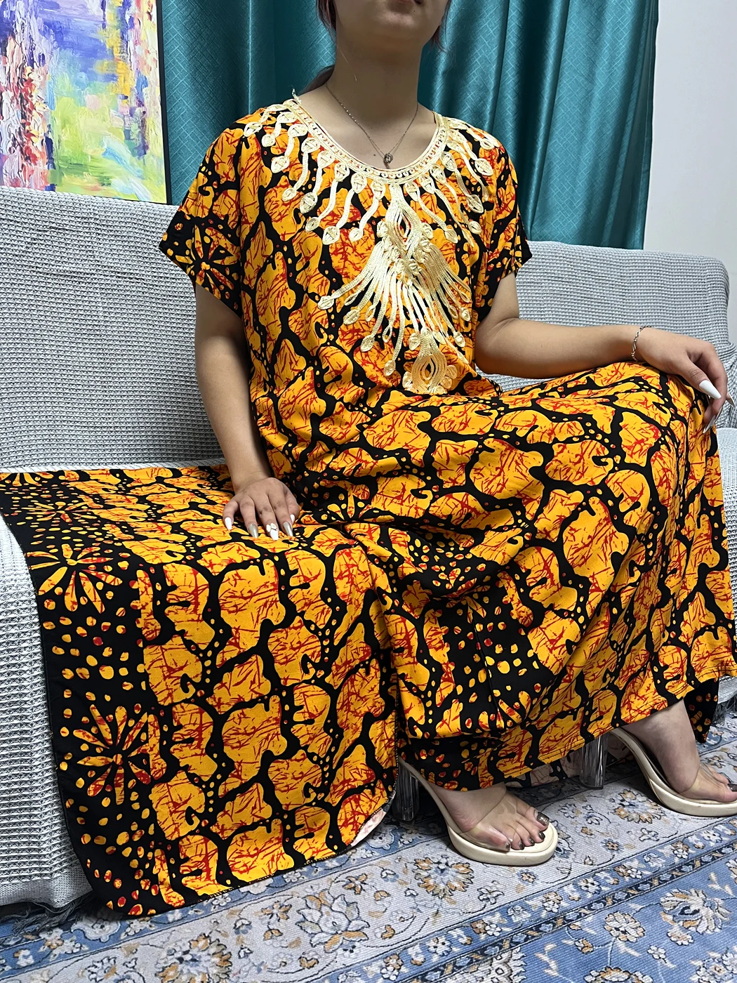 Abayas For Women 2023 Dubai Printed Floral Cotton Musilm Sets Loose Fit Femme Robe African  Nigeria Appliques Dress With Turban
