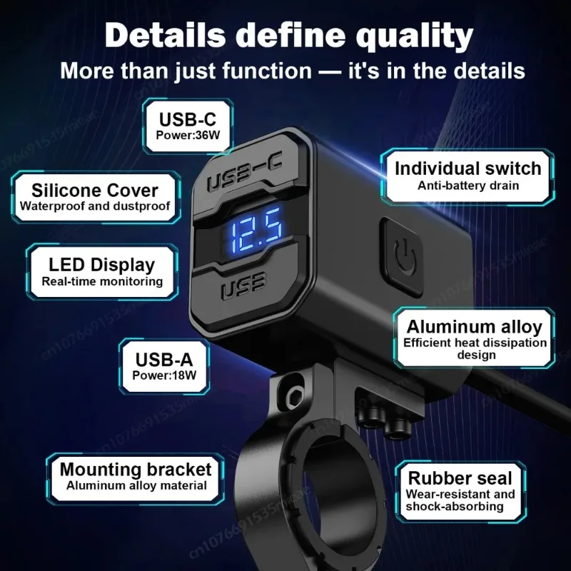 알루미늄 오토바이 USB 충전기 PD3.0 USB-C 고속 충전기 전원 어댑터 QC3.0 듀얼 소켓(스위치 포함) 방수 디지털 전압계