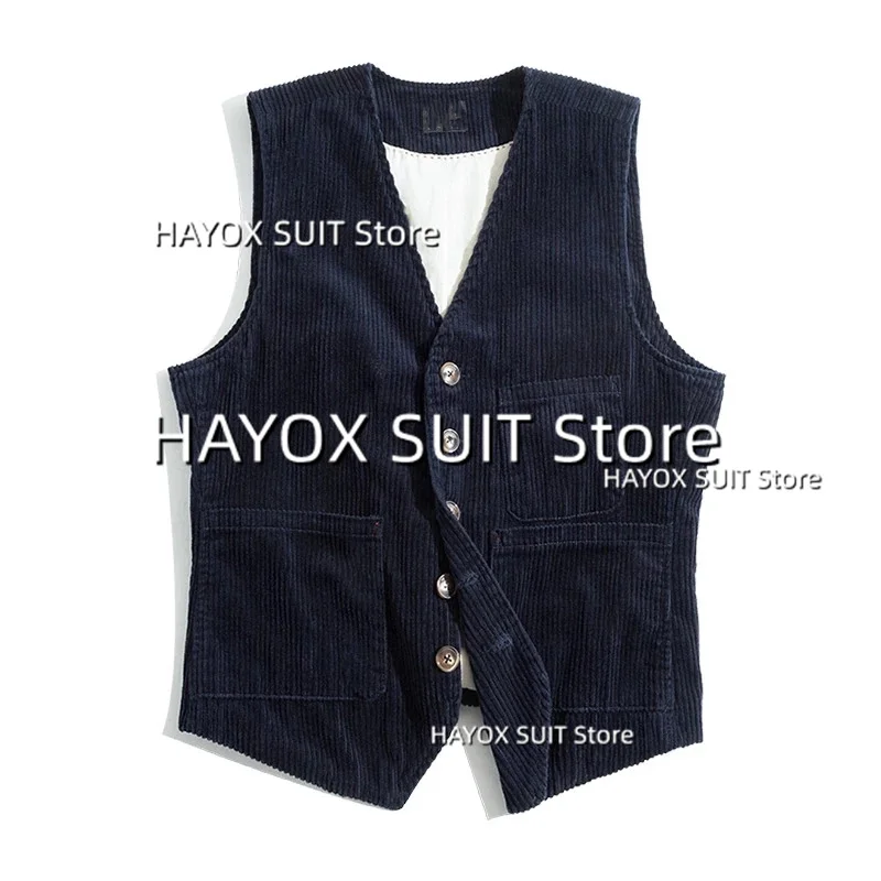 Men's Suit Vest Slim Fit Single Breasted V-Neck Corduroy Fashion Vintage Sleeveless Jackets Wedding Street Shoot Chalecos 5