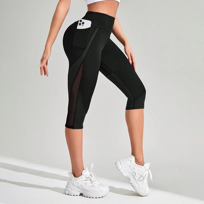 Mesh High Waist Yoga Pants Capri Leggings with Pockets for Women Tummy Control Workout Capri Leggings for Women sports leggings yoga pants