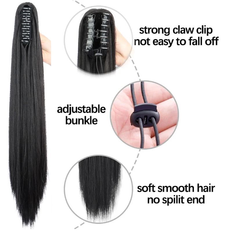 Synthetic 24Inch  Claw Clip On Long Straight Ponytail Natural Soft Hair Extension Black Brown for Women Use