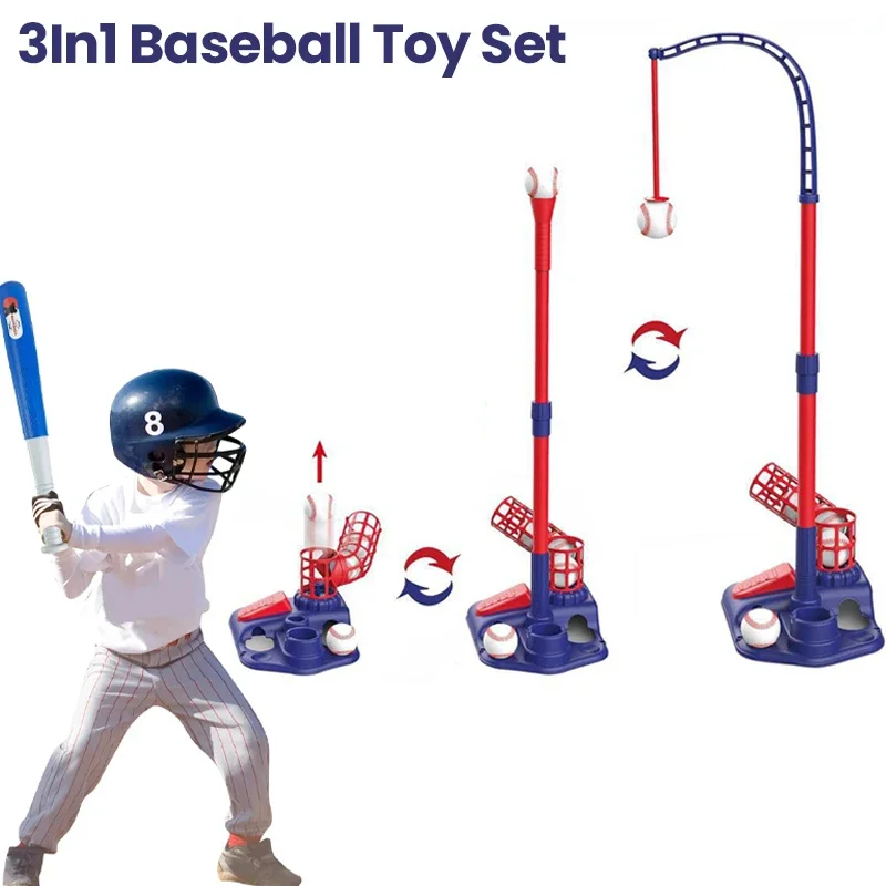 3In1 Kids Baseball Toy Set with Hanging Ball Stand Standing T-Ball Auto Launcher Adjustable Height Toddler Outdoor Sports Set