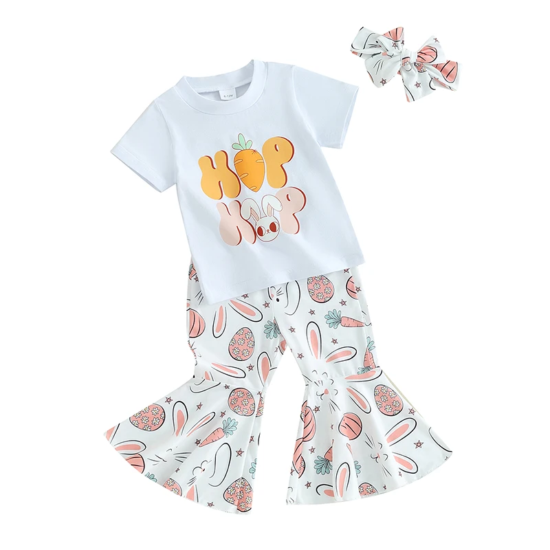 

Пасхальная одежда Kupretty для маленьких девочек, футболка с рисунком кролика, футболка, топы, расклешенные брюки, повязка на голову, Детский комплект с колокольчиками