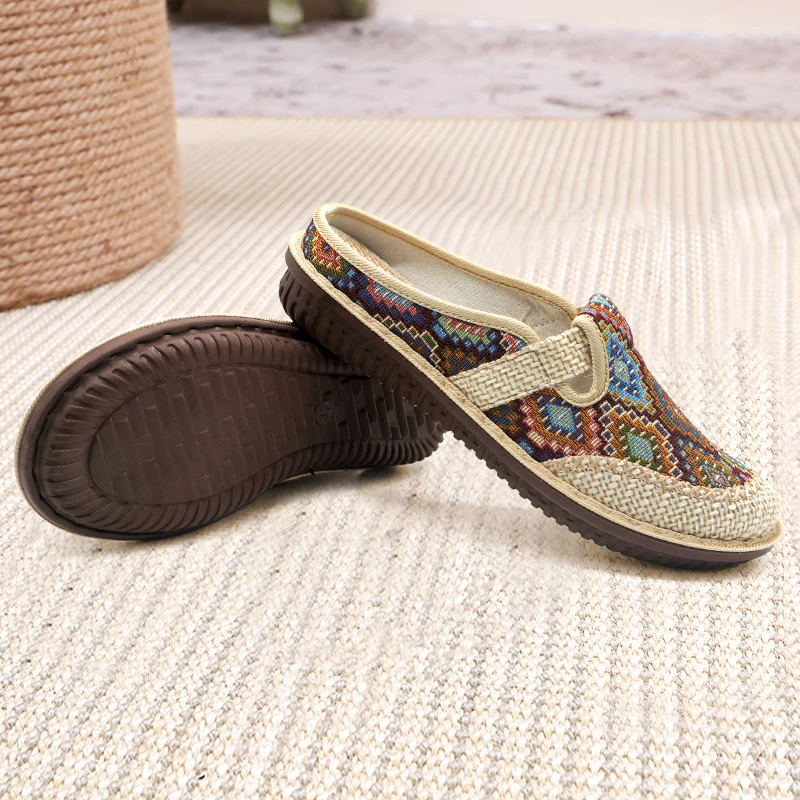 Outdoor Non-slip Comfortable Casual Women's Shoes Breathable Flat Slippers Summer Sandals Beach Weave Embroidery Walking Shoes