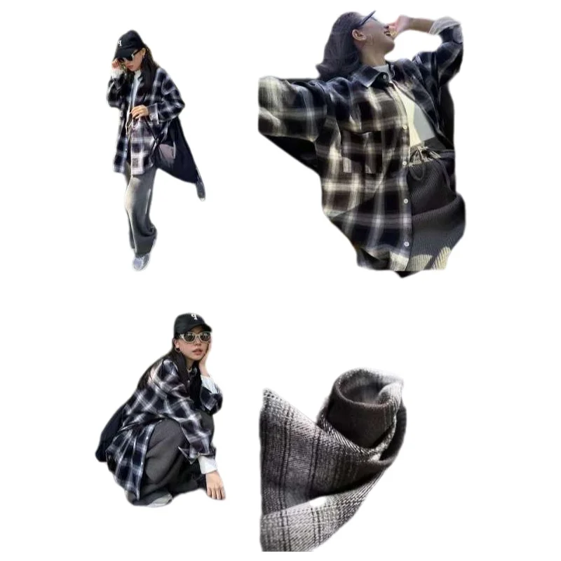 Camicia Casual Americana Retrò a Quadri da Donna, Vestibilità Ampia, Lunghezza Media, Stile Coreano, Abbigliamento Esterno per Coppie, in Cotone Floccato a Maniche Lunghe - immagine 5
