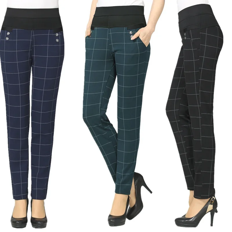 

Large size 2023 Winter Women grid Pants Warm sweat Plus Thick Velvet Pants Slim High Waist Stretch Pencil Pants Female Trousers