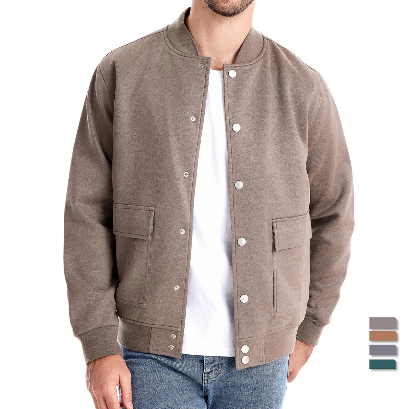 AIOPESON JK579 Suede Button Up Bomber Jacket