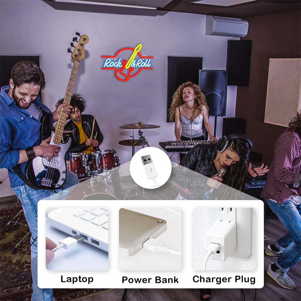 ネオンサイン ROCK ROLL ロックンロール ギター インテリア 室内装飾 ロックロールネオンサインギター音楽 Led ネオンライトアート壁