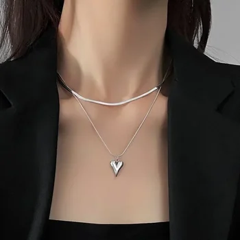Double Layered Love Heart Pendant Necklace for Women Simple Neck Chain Jewelry Y2k Jewelry Choker Gothic Necklace for Women